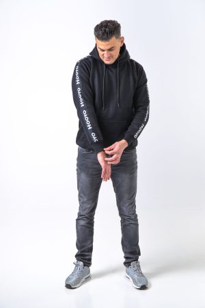 Hoody Man with Sleeves Stripe comes in Black.