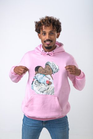 Hoody Man with HEAD Front Print MAMA AFRICA comes in Pink.